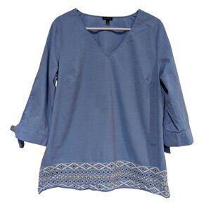 Talbots Women's Chambray Blouse, Blue, Size Large, 3/4 Sleeves, V-Neck, Cotton
